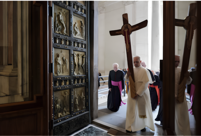Popiežius Leonas XIV neša jubiliejaus kryžių pro Šventąsias duris / Vatican Media nuotr.