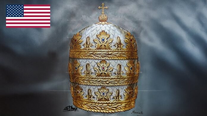 „Amici Vaticani“ sukurtas popiežiaus tiaros, skirtos padovanoti Leonui XIV, dizainas / Ekranvaizdis